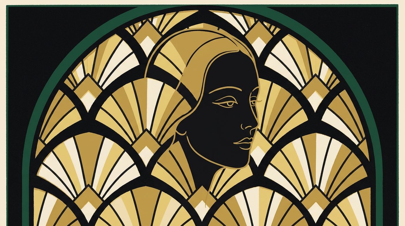 Art deco fan with a gold line drawing of a serene face in profile