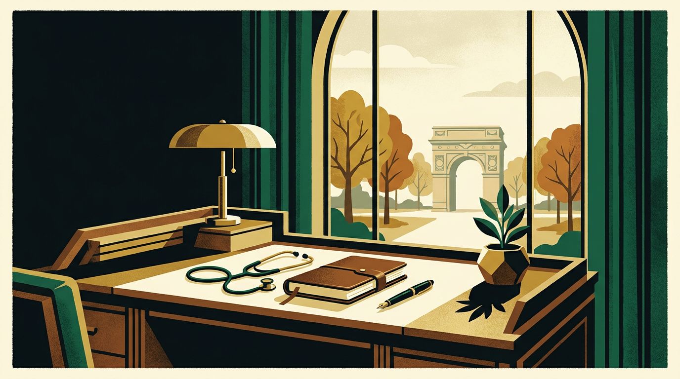 Art deco illustration of a physician's desk by a window overlooking Washington Square Park