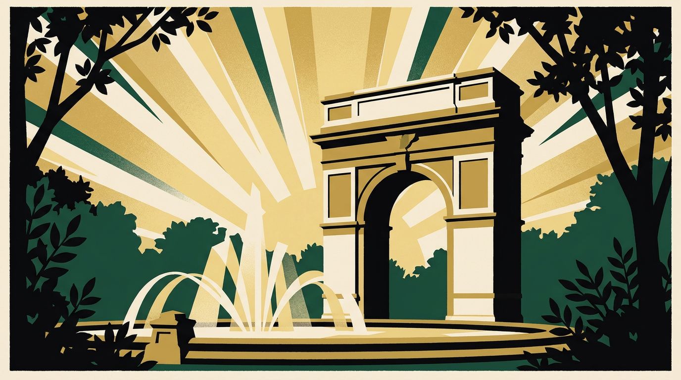 Art deco illustration of the Washington Square Arch and fountain at dusk