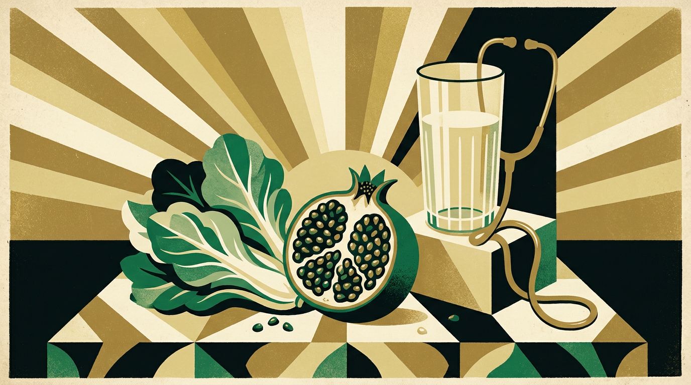 Art deco illustration of a pomegranate, leafy greens, a glass of water and a stethoscope