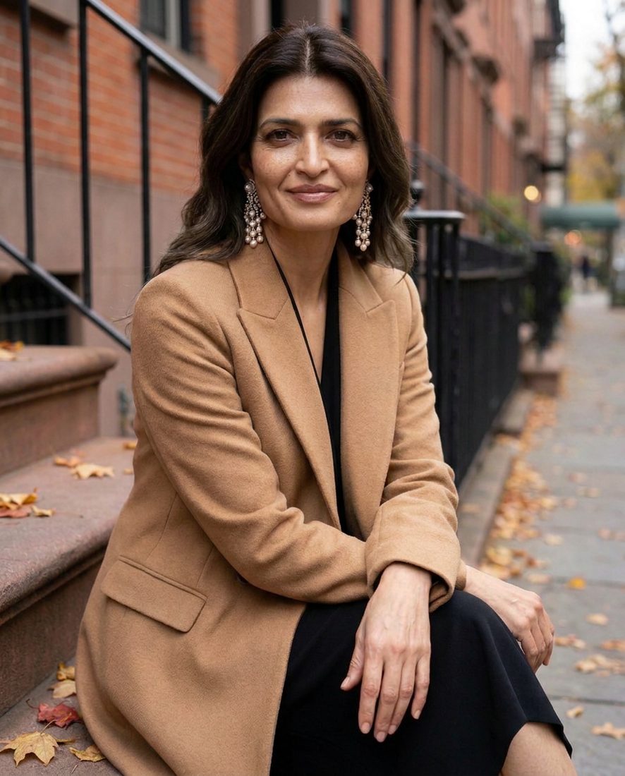 Dr. Anuragini Pandey on a West Village townhouse stoop in autumn